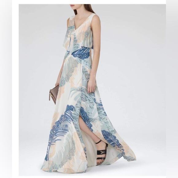 Reiss Blue Filo Palm Floral Sleeveless V-Neck Maxi Dress Size 6 - Picture 1 of 8